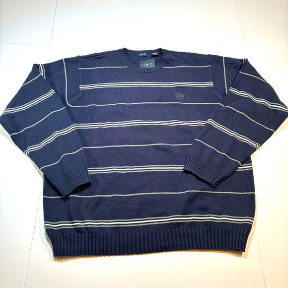 IZOD Mens Cotton Sweater Crewneck Navy Blue Stripe XL NWT - Picture 1 of 5